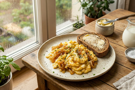 Jajecznica: Honey-Glazed Onion Scrambled Eggs