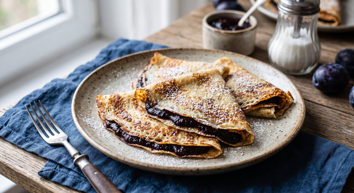 Naleśniki z Powidłami Śliwkowymi (Traditional Polish Crepes with Plum Butter)