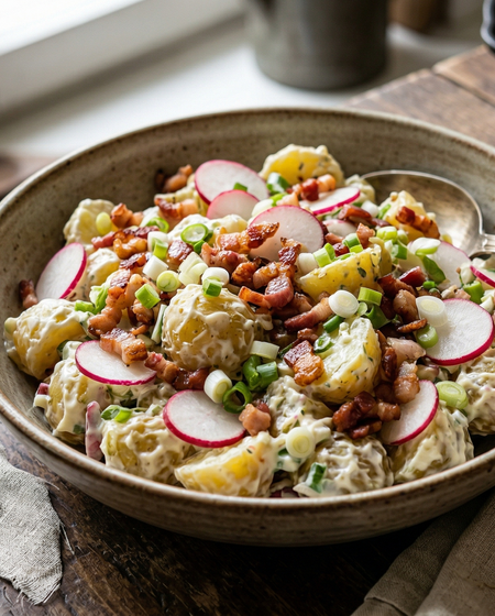 Sałatka Ziemniaczana Z Boczkiem I Rzodkiewką (Polish Potato Salad With Bacon And Radish)