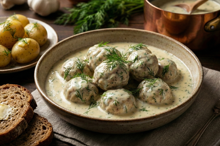 Pulpety w Sosie Koperkowym (Polish Poached Meatballs in Dill Cream Sauce)