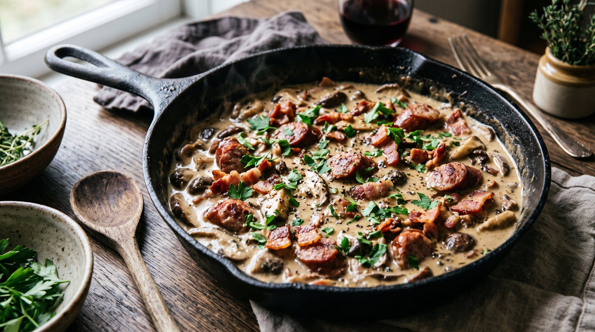 Sos Grzybowy z Boczkiem i Kiełbasą (Fresh Wild Mushroom, Bacon & Sausage Sauce)