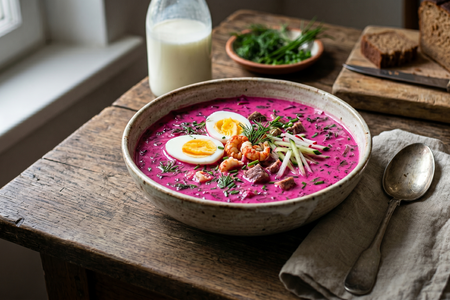 Staropolski Chłodnik Litewski (Old Polish Cold Beetroot Soup with Veal & Crayfish)