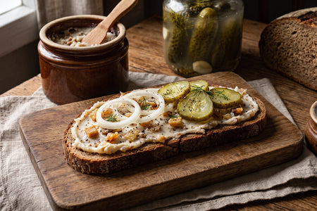 Pajda ze Smalcem Wiejskim (Rustic Bread with Country Lard, Salt-Brined Cucumber and Onion)