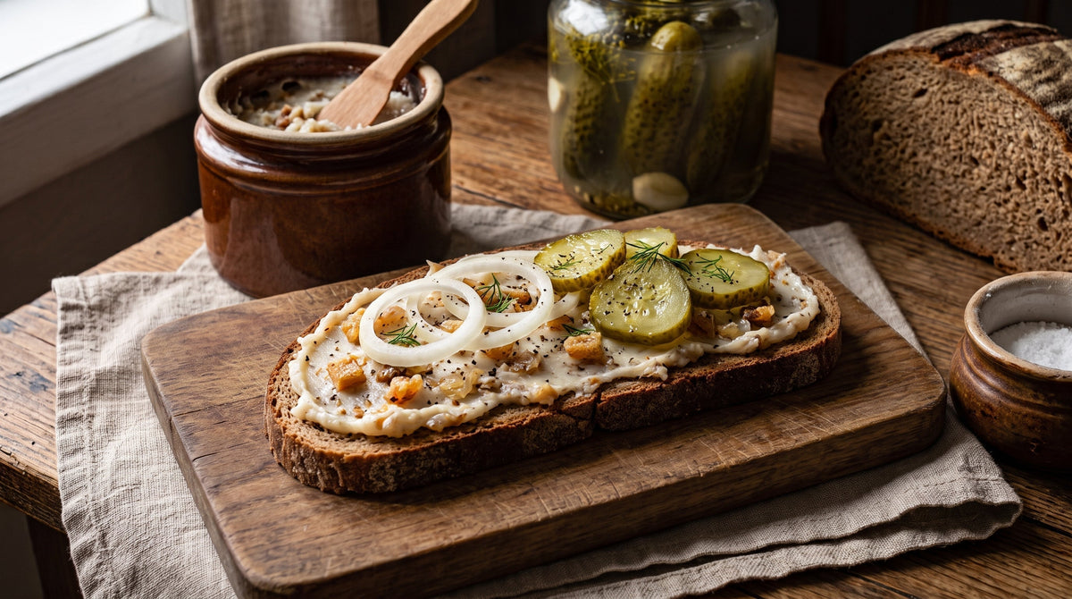 Pajda ze Smalcem Wiejskim (Rustic Bread with Country Lard, Salt-Brined Cucumber and Onion)