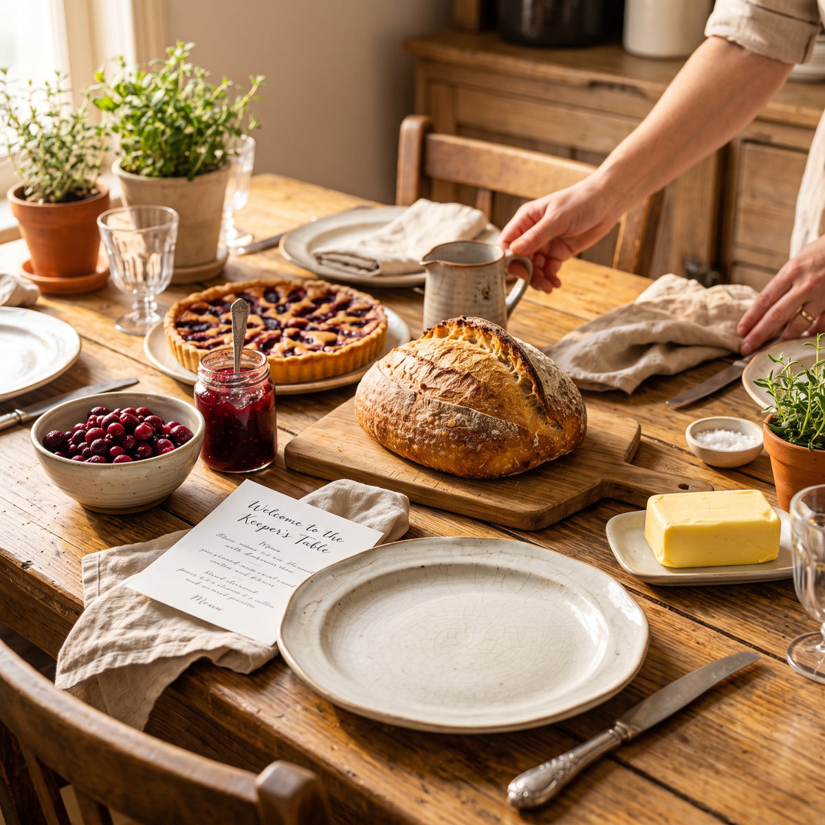 A rustic wooden dining table set for a meal, featuring a large round loaf of bread on a wooden cutting board, a tart, a bowl of cranberries, a block of butter, plates, napkins, and a handwritten invitation. A person's hands are visible reaching for items on the table in a warm, sunlit kitchen setting.