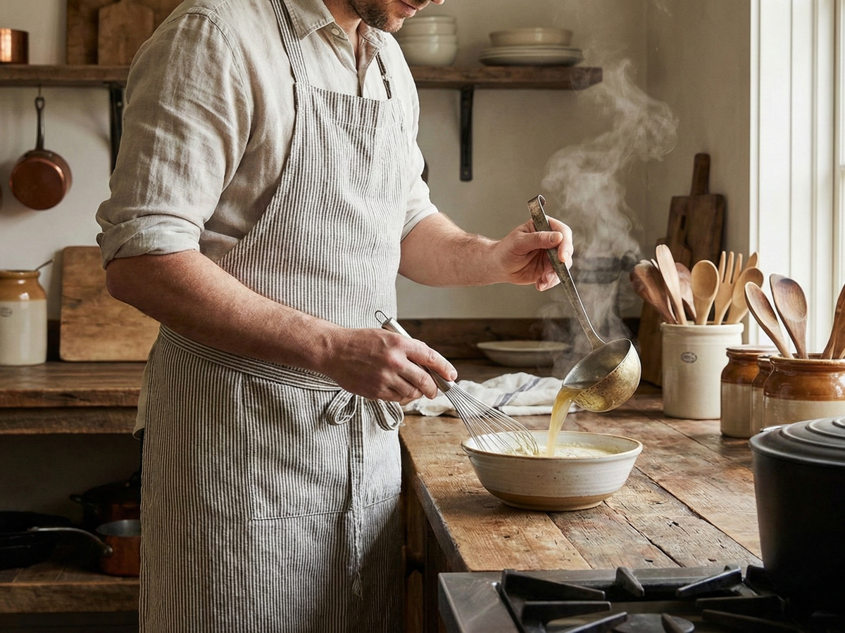 Person cooking in a kitchen with wooden shelves and utensils. | Cook & Keeper - Barszcz bialy