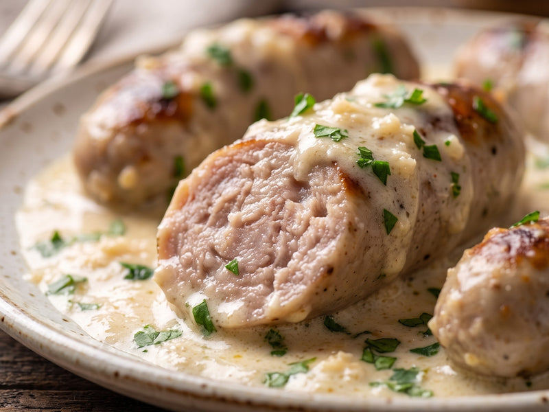 A sliced portion of poached white sausage smothered in a velvety horseradish cream sauce on a plate.