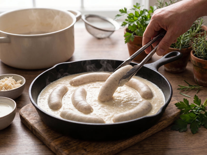 A pair of tongs placing a poached white sausage into a cast iron skillet filled with smooth horseradish cream sauce.