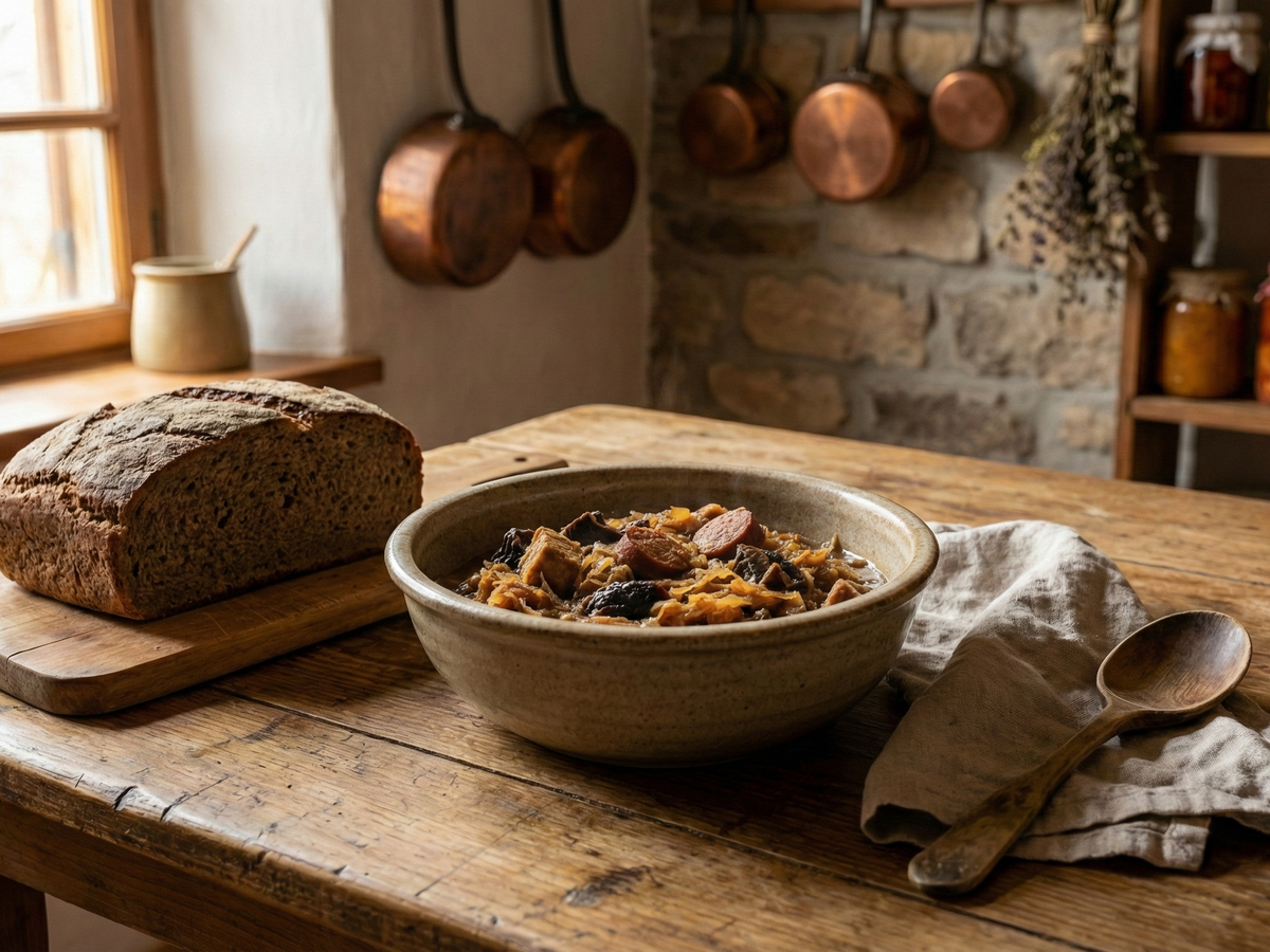 Bowl of bigos stew on a wooden table with bread and utensils in a rustic kitchen. | Cook & Keeper - Bigos