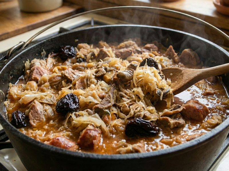 Stew with sauerkraut and prunes in a pot on a stove | Cook & Keeper - Bigos