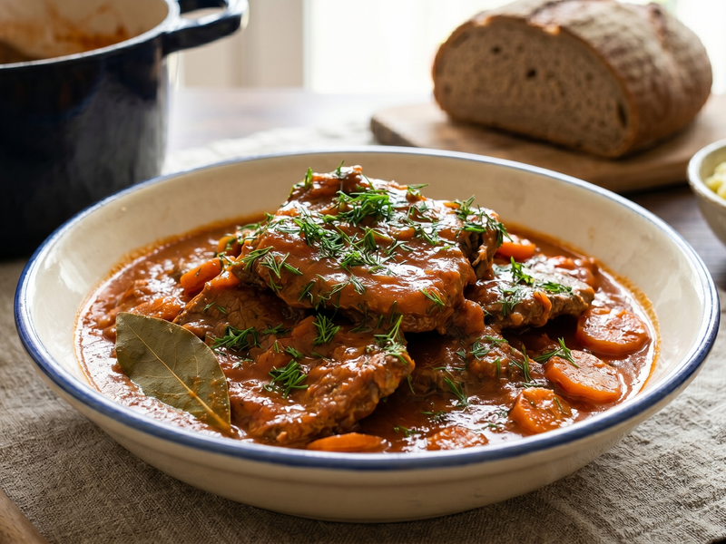 Pot of Bitki Wolowe in tomato & dill sauce