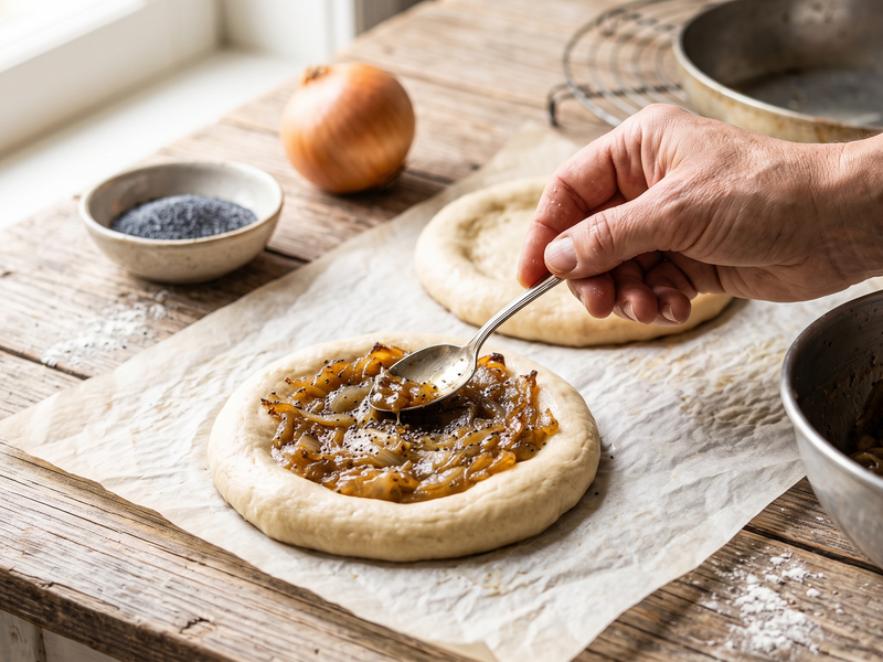 A close-up of a hand spreading caramelized onion jam onto a round flatbread on parchment paper, with an onion, bowls, and baking pans on a rustic wooden table. | Cook & Keeper - Cebularz lubelski