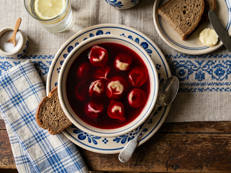 Borsch soup in a decorative bowl with bread and lemon on a tablecloth.