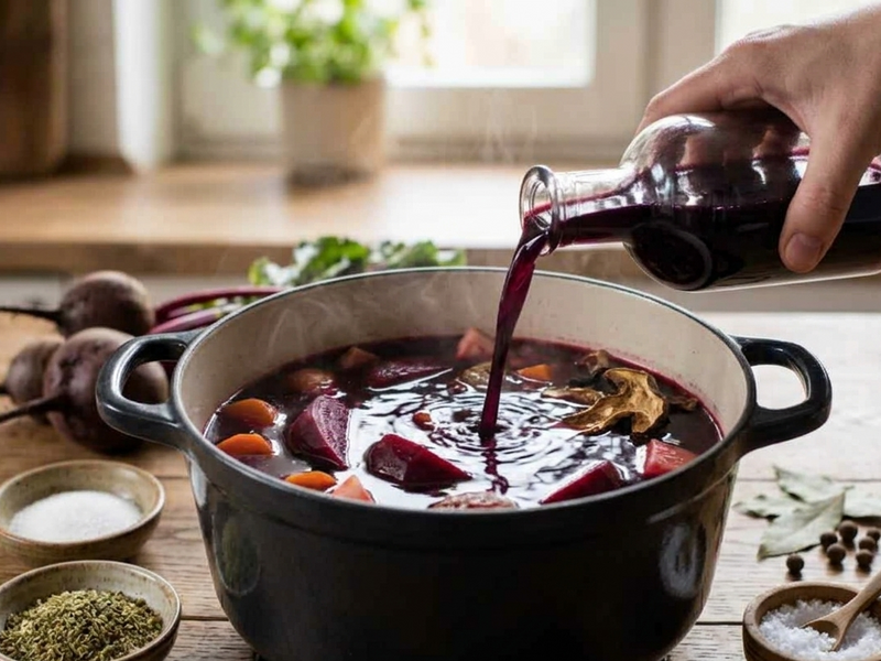 Pouring red liquid into a pot of vegetables on a wooden table.