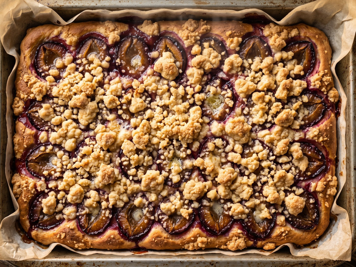 A top-down view of a freshly baked Polish plum yeast cake in a parchment-lined baking tin, showing rows of jammy purple plum halves generously coated in buttery golden crumble.