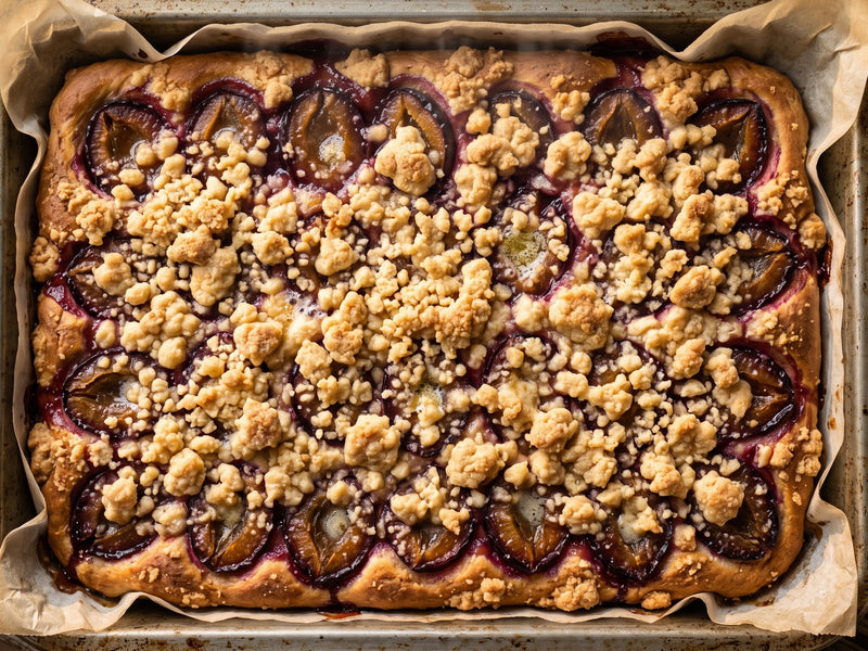 A top-down view of a freshly baked Polish plum yeast cake in a parchment-lined baking tin, showing rows of jammy purple plum halves generously coated in buttery golden crumble.