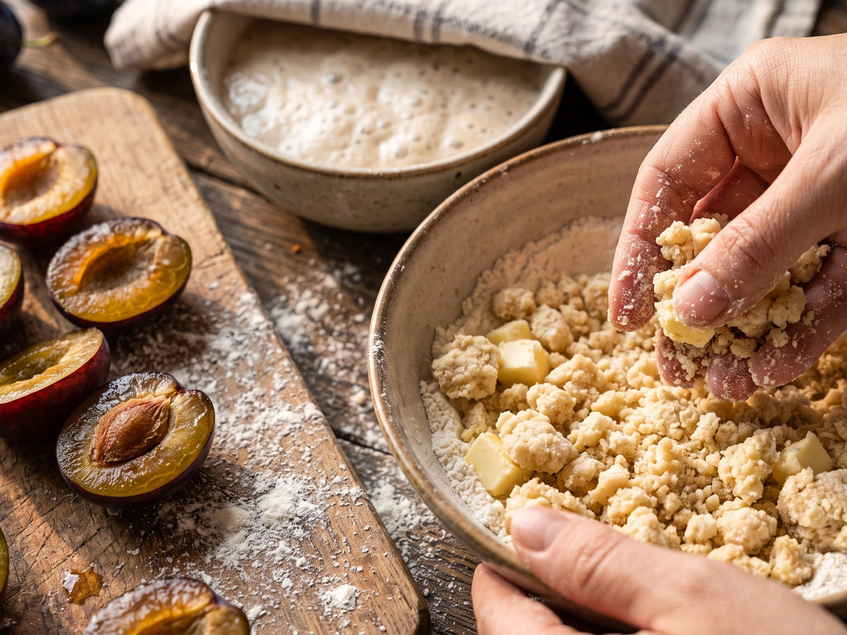 A pair of hands rubbing butter into flour to create sweet crumble topping in a ceramic bowl, alongside halved fresh plums and a bowl of active yeast starter on a rustic wooden table.