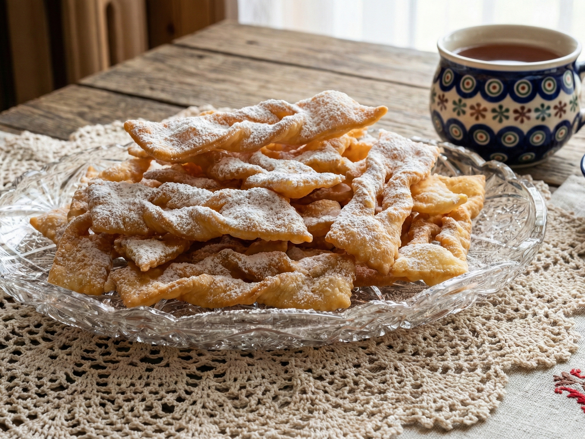 Puff pastry twists on a glass plate with a cup of coffee on a wooden table. | Cook & Keeper - Faworki