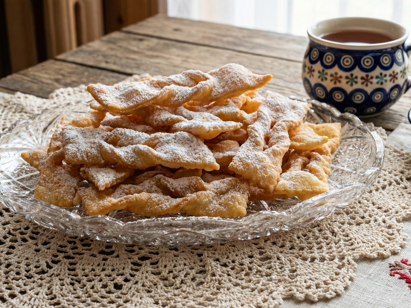 Puff pastry twists on a glass plate with a cup of coffee on a wooden table. | Cook & Keeper - Faworki
