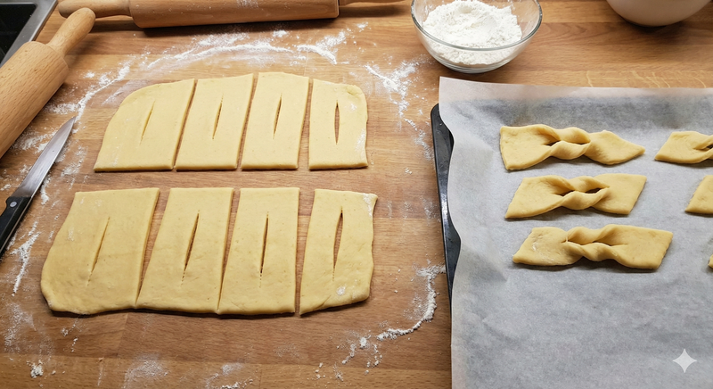 Bread dough being shaped on a wooden surface with flour and a rolling pin. | Cook & Keeper - Faworki