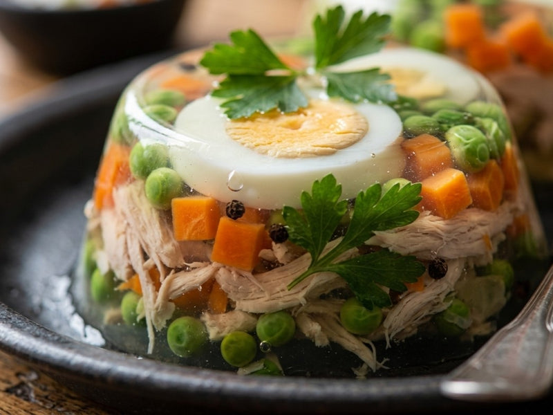 A close-up view of a set Polish chicken aspic jelly on a plate, revealing suspended layers of hard-boiled egg, sweet carrots, peas, and tender shredded chicken.