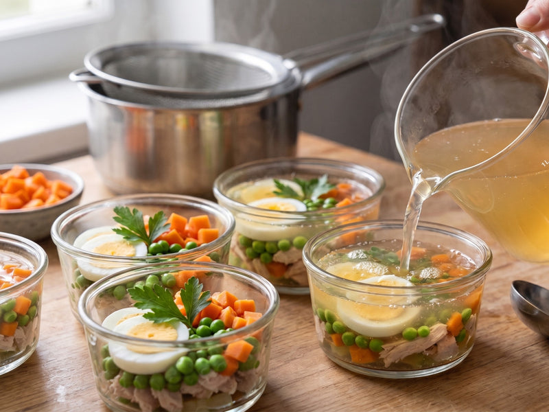 A glass jug pouring warm, clear aspic broth into small glass ramekins layered with shredded chicken, sliced eggs, carrots, and peas.