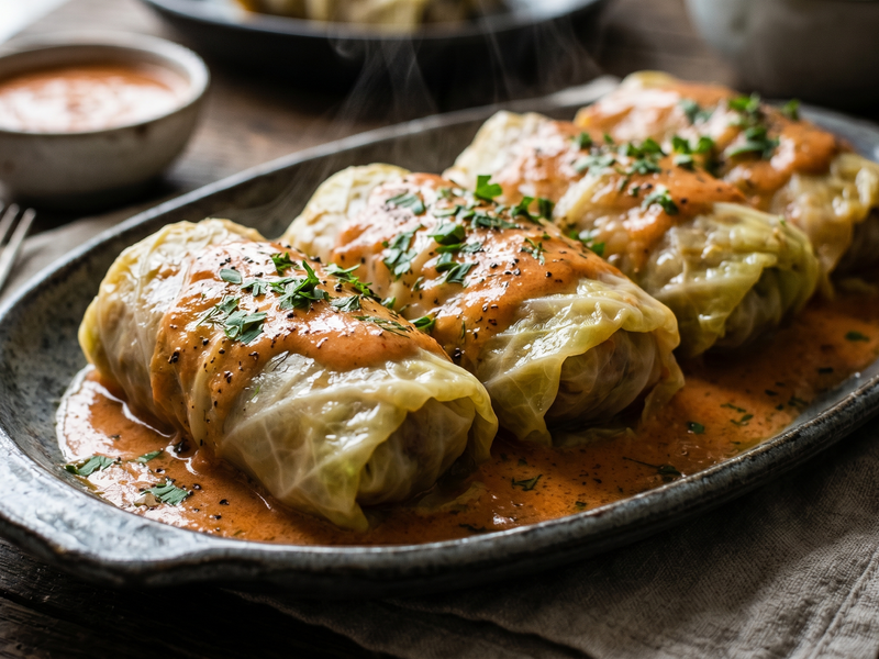 Cabbage rolls on a plate with a red sauce, garnished with herbs, on a wooden table.
