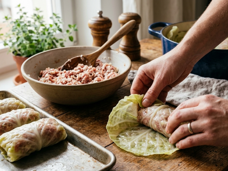 Person making stuffed cabbage rolls on a wooden table with ingredients and utensils.