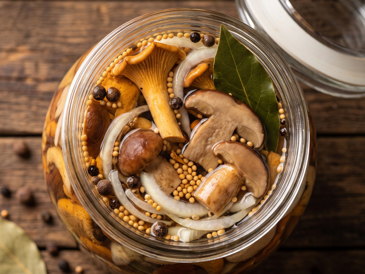 A top-down close-up view looking inside an open glass jar of pickled wild forest mushrooms, mustard seeds, and sliced onions.