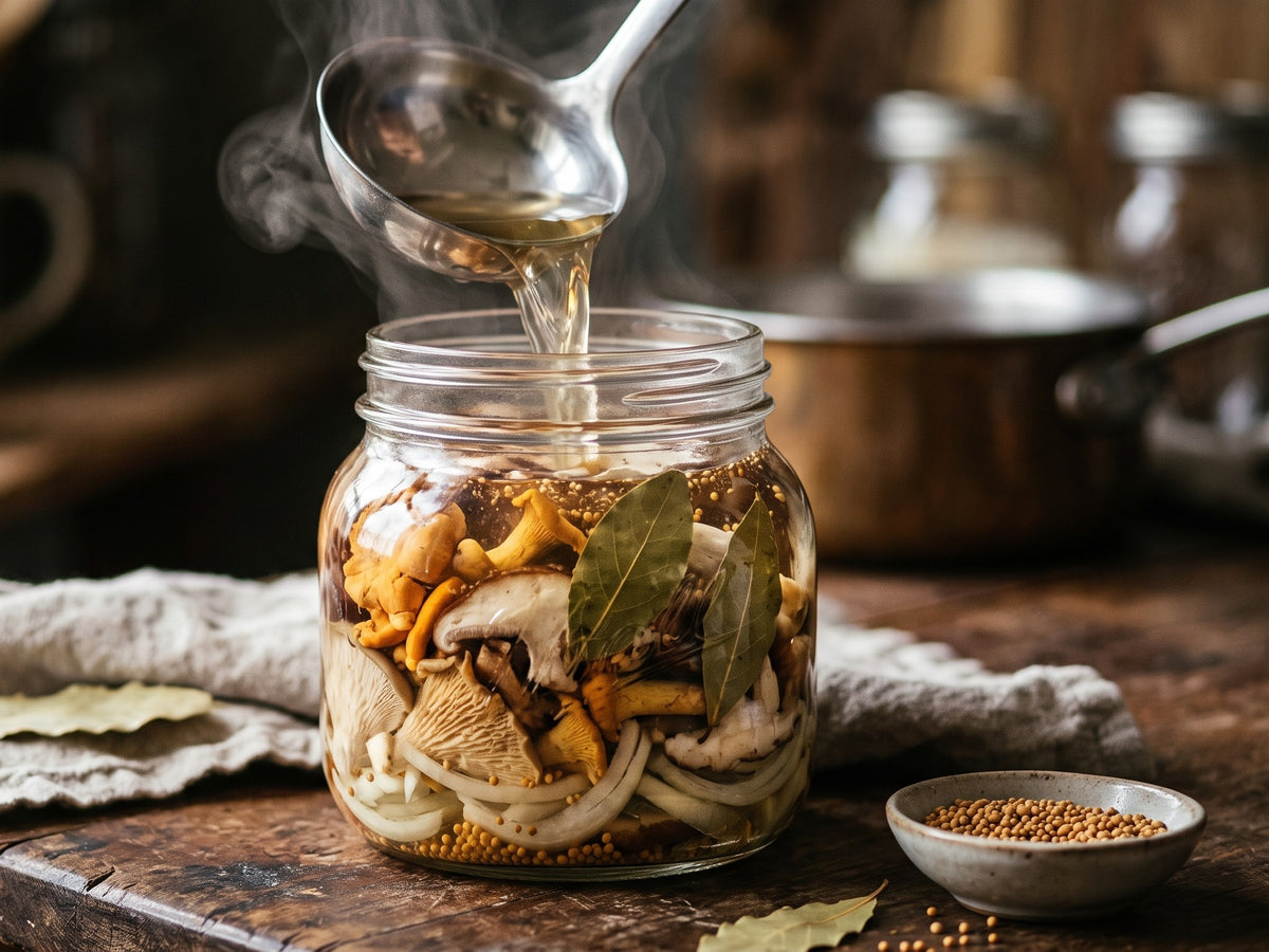 A ladle pouring hot sweet-sour vinegar brine into a glass jar filled with wild forest mushrooms, sliced onions, and bay leaves.