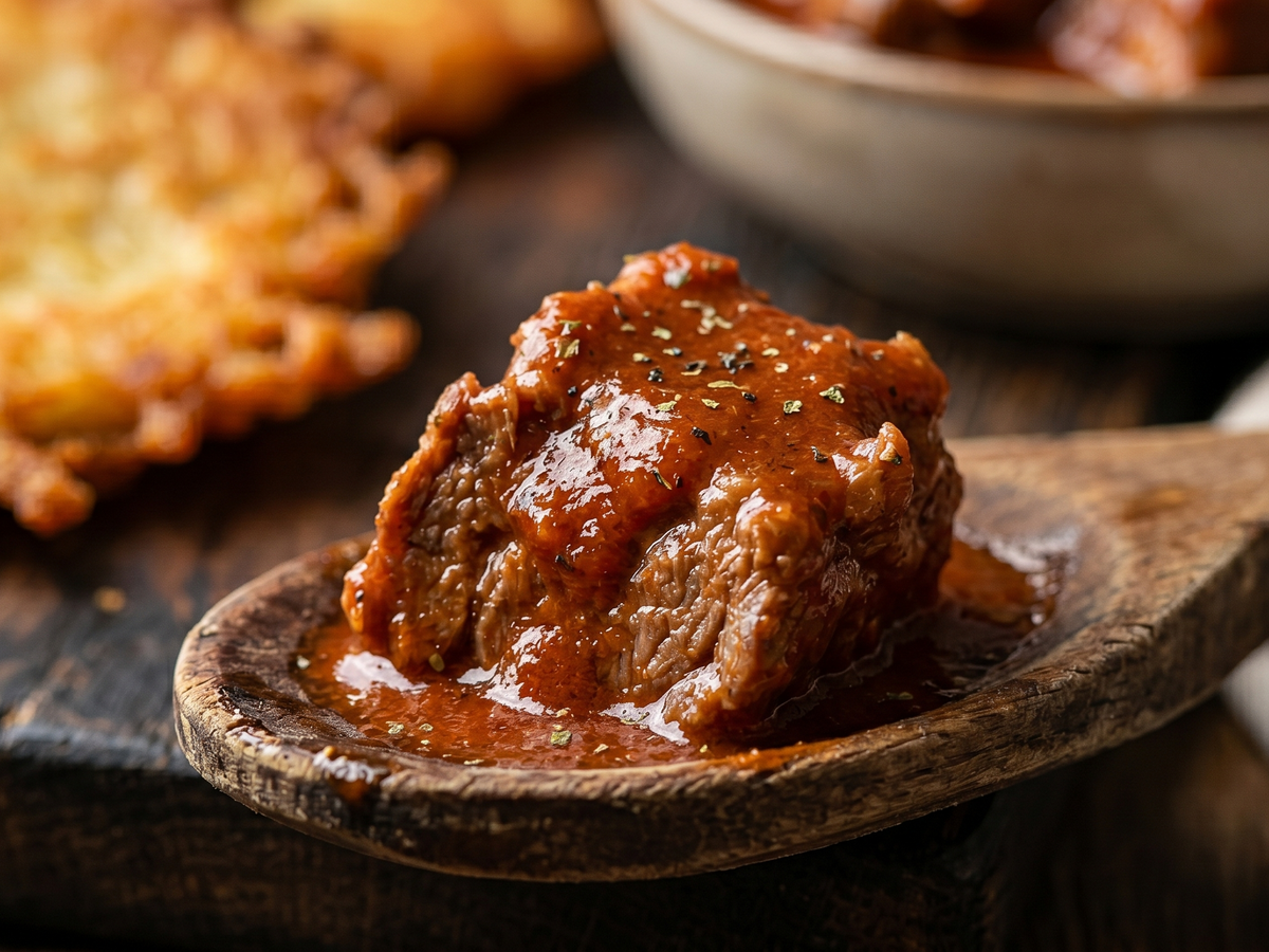 Meatball with red sauce on a wooden spoon on a rustic background | Cook & Keeper - Gulasz wieprzowy