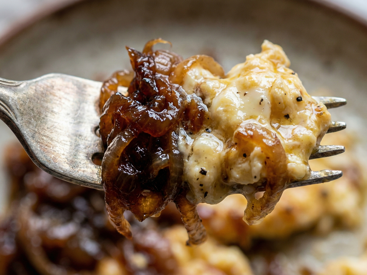 Fork with jajecznica with caramelized onions on a blurred background  | Cook & Keeper - jajecznica z cebulka