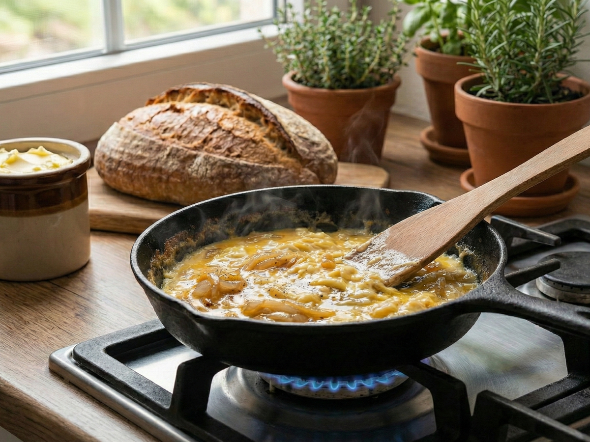 Frying pan with food on a stove, bread, and potted plants in the background. |  | Cook & Keeper - jajecznica z cebulka