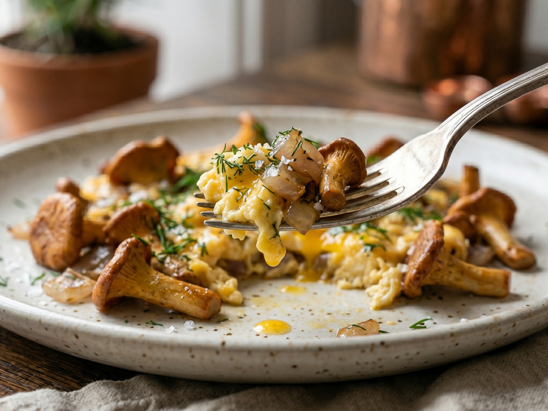Plate of scrambled eggs with mushrooms on a speckled plate, fork holding some food.