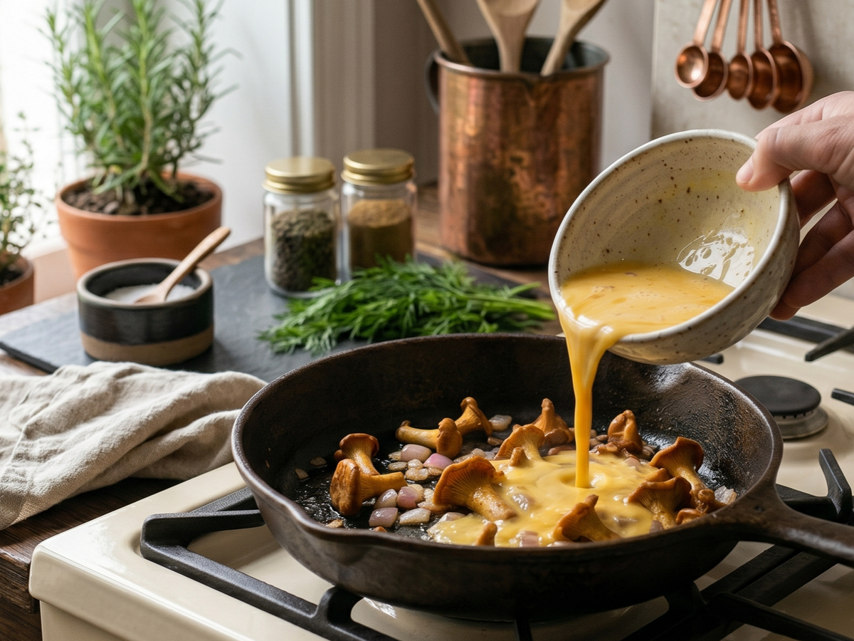 Person pouring eggs into a skillet with mushrooms on a stovetop.