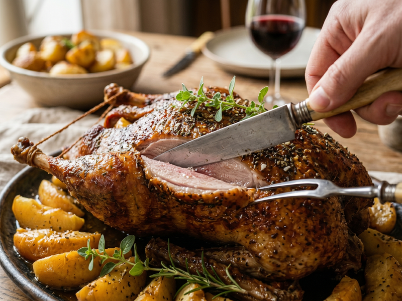 Roasted duck being carved with a knife and fork on a table with potatoes and wine. | Cook & Keeper - Kaczka Pieczona z Jabłkami (Traditional Polish Roast Duck with Apples)