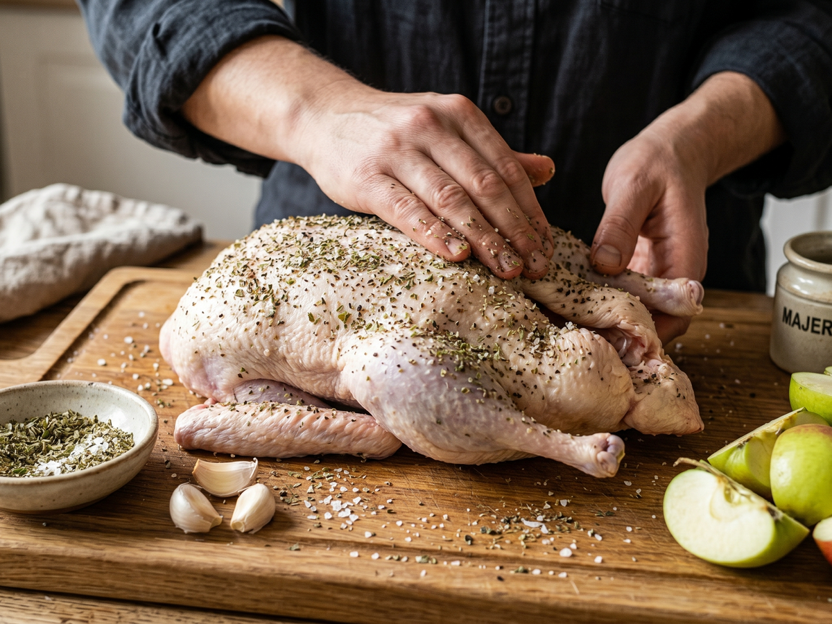 Person seasoning a raw cuck on a wooden cutting board with herbs and spices. | Cook & Keeper - Kaczka Pieczona z Jabłkami (Traditional Polish Roast Duck with Apples)