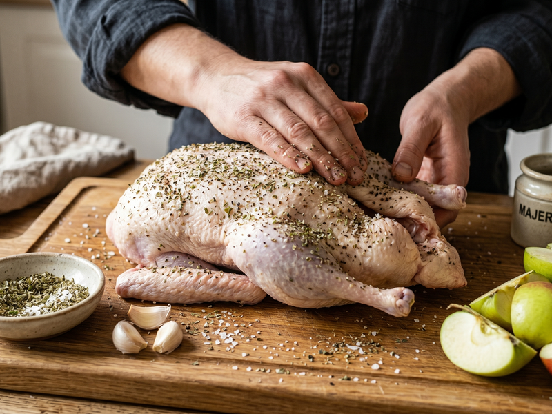 Person seasoning a raw cuck on a wooden cutting board with herbs and spices. | Cook & Keeper - Kaczka Pieczona z Jabłkami (Traditional Polish Roast Duck with Apples)