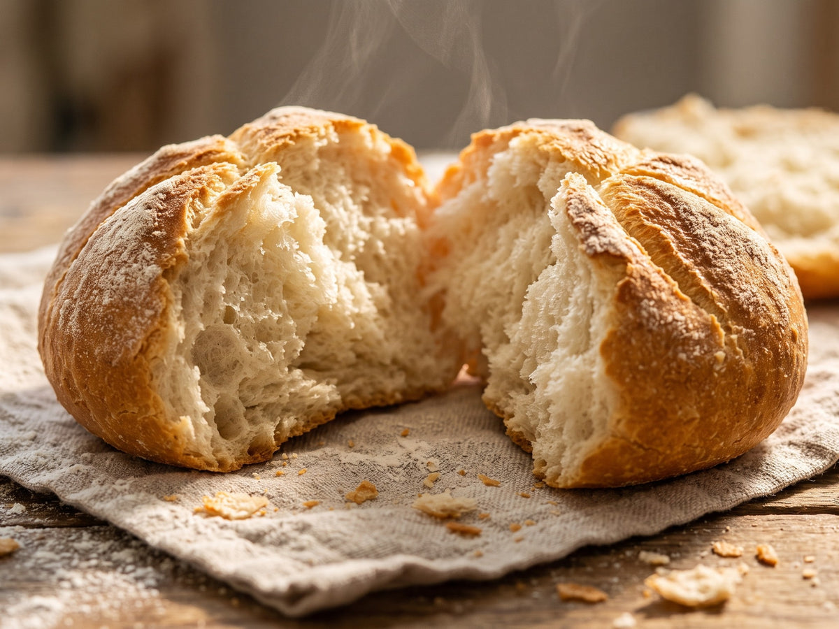 A rustic round bread roll split open to reveal a soft, airy crumb, resting on a linen napkin on a wooden table with steam rising.