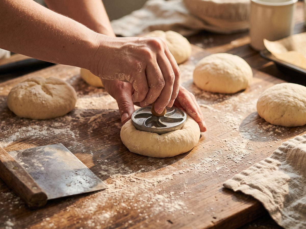 A close-up of a baker's hands using a round metal cutter stamp on a small ball of dough on a rustic wooden workbench, surrounded by other dough balls and baking tools.
