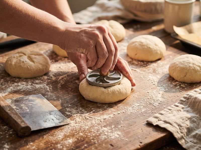A close-up of a baker's hands using a round metal cutter stamp on a small ball of dough on a rustic wooden workbench, surrounded by other dough balls and baking tools.