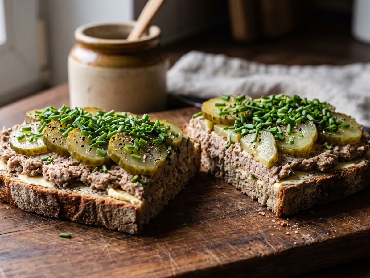 Two slices of rustic whole wheat bread topped with pate, sliced pickles, and chopped chives, arranged on a wooden board with a ceramic jar in the background. | Cook & Keeper - kanapki z pasztetem
