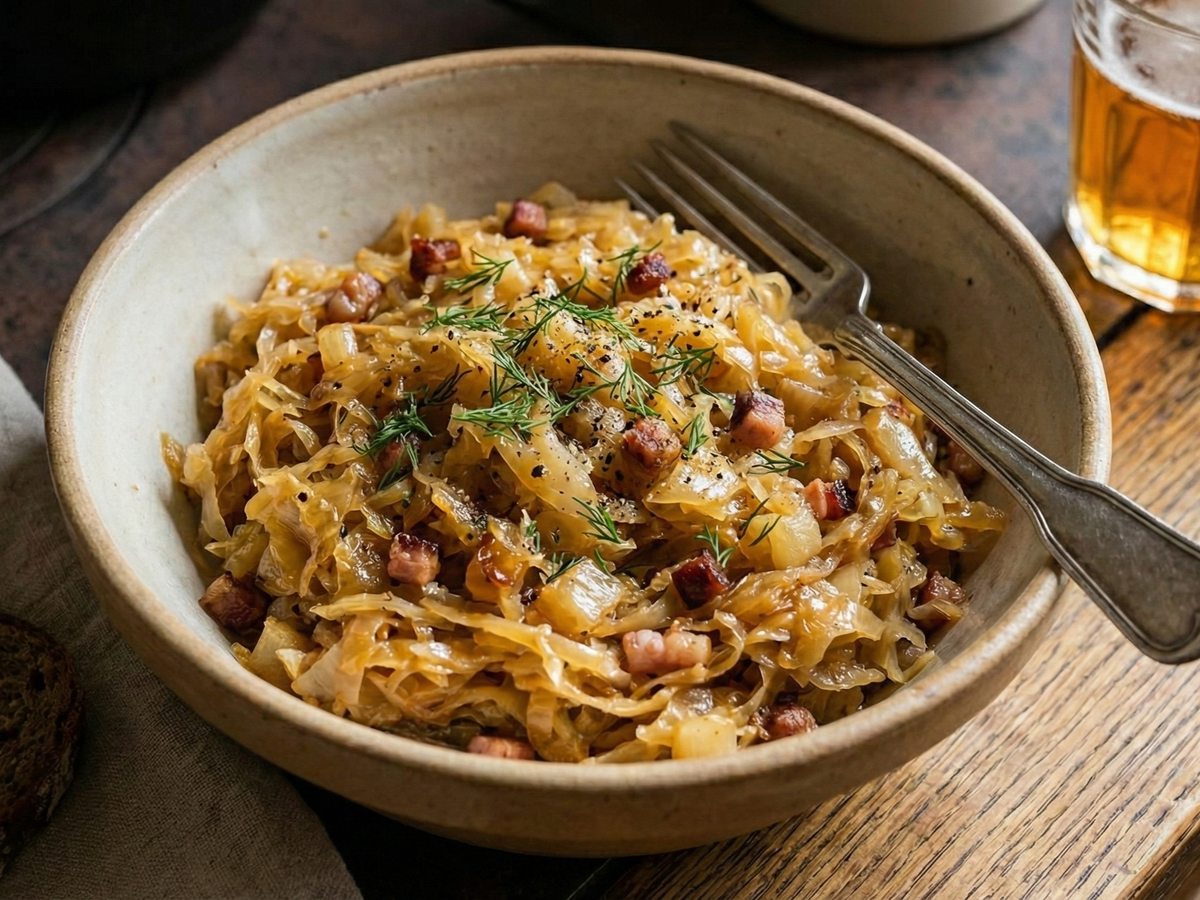 Bowl of sauerkraut with bacon and herbs on a wooden table with a glass of beer. | Cook & Keeper - kapusta zasmazana