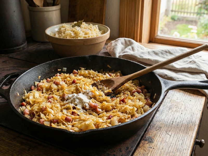 Skillet with sautéed vegetables on a wooden table with a bowl of additional vegetables in the background. | Cook & Keeper - kapusta zasmazana