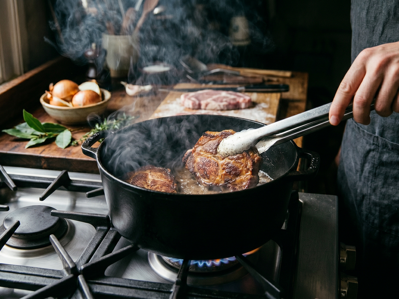 Person cooking steak in a pan on a stove with ingredients around
