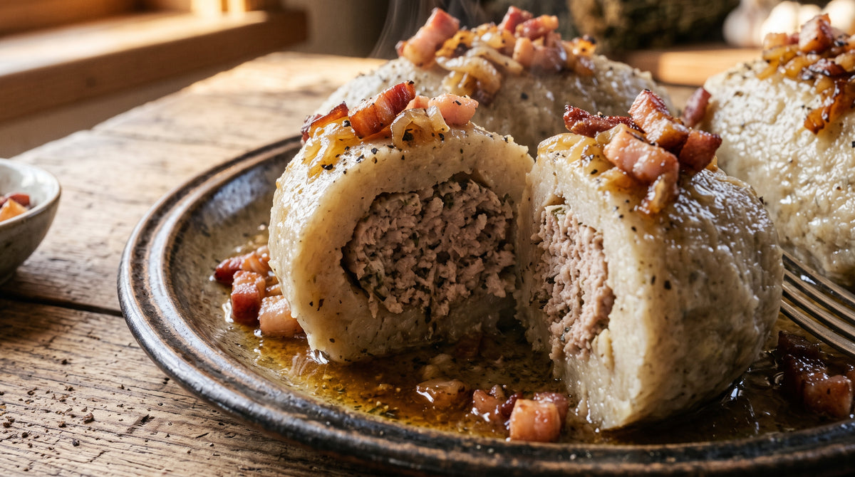 A close-up cross-section of a cooked Polish Kartacz dumpling resting in rendered fat, revealing a thick minced meat filling topped with crispy smoked bacon lardons and caramelized onions.