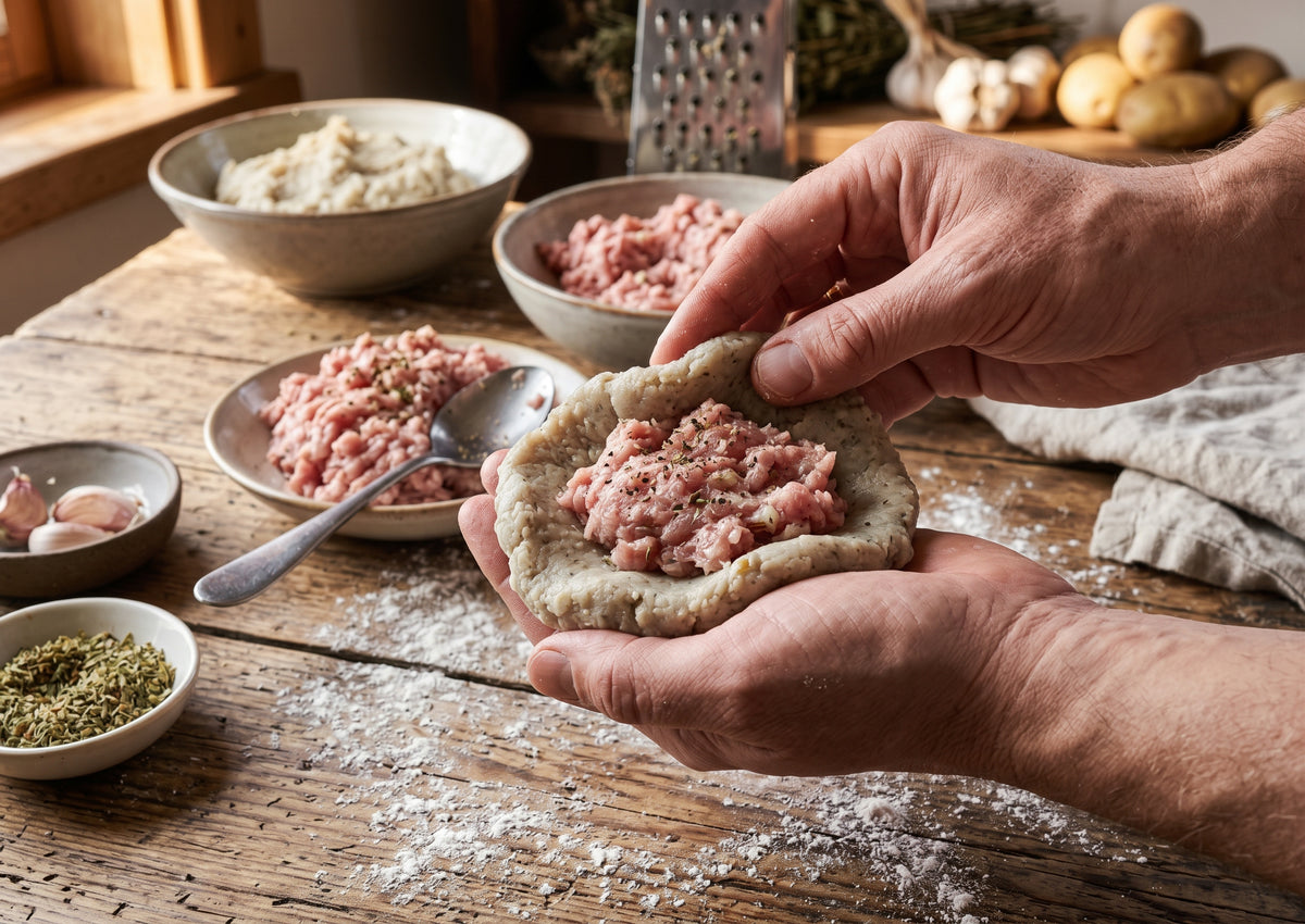 A pair of hands placing seasoned raw minced meat into the center of a flattened potato dough disc to shape a giant Polish Kartacz dumpling on a floured wooden table.