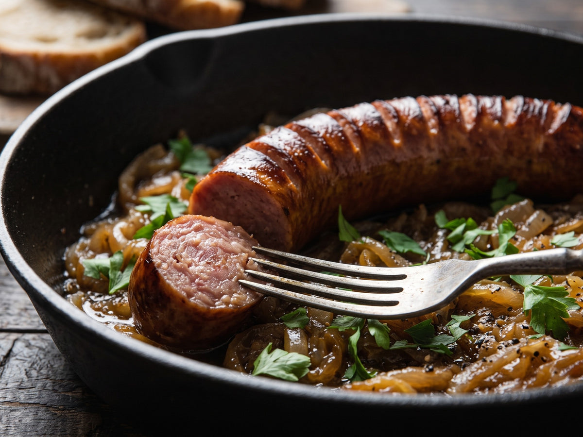 A fork lifting a slice of warm, scored Polish smoked sausage from a skillet of jammy caramelised onions.