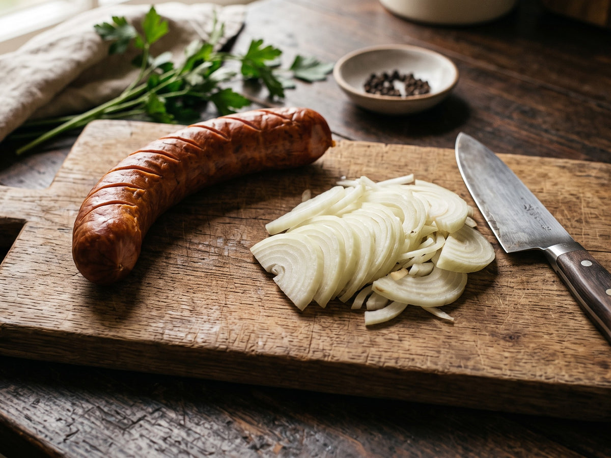 Sliced brown onions and a scored raw Polish smoked sausage on a wooden chopping board next to a chef's knife.