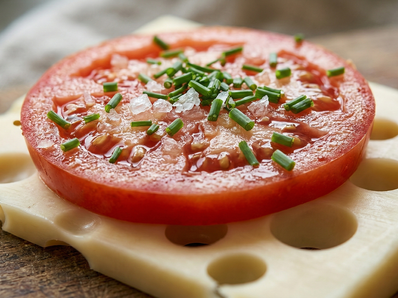 Tomato slice on cheese with chives